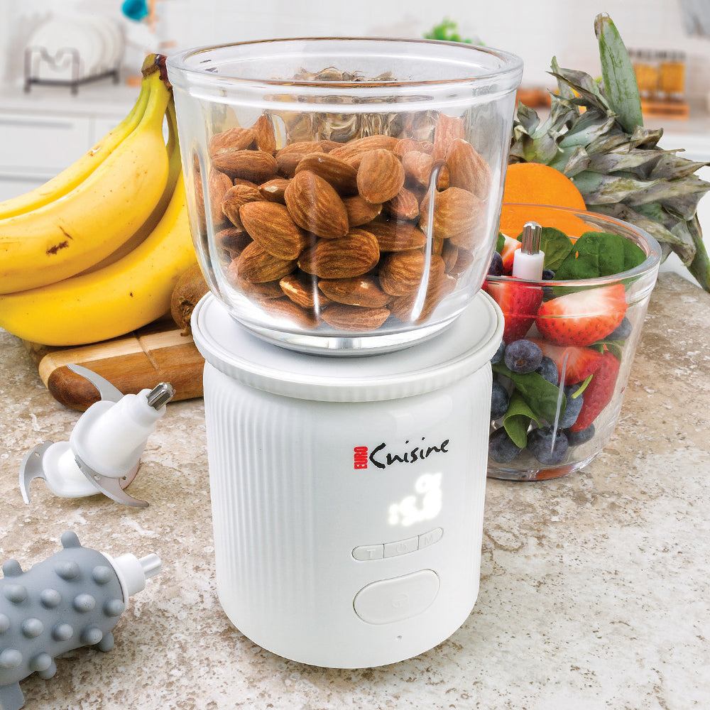 Euro Cuisine Cordless / Rechargeable Chopper with Scale and two glass bowls - Large and Small and 2 blades
