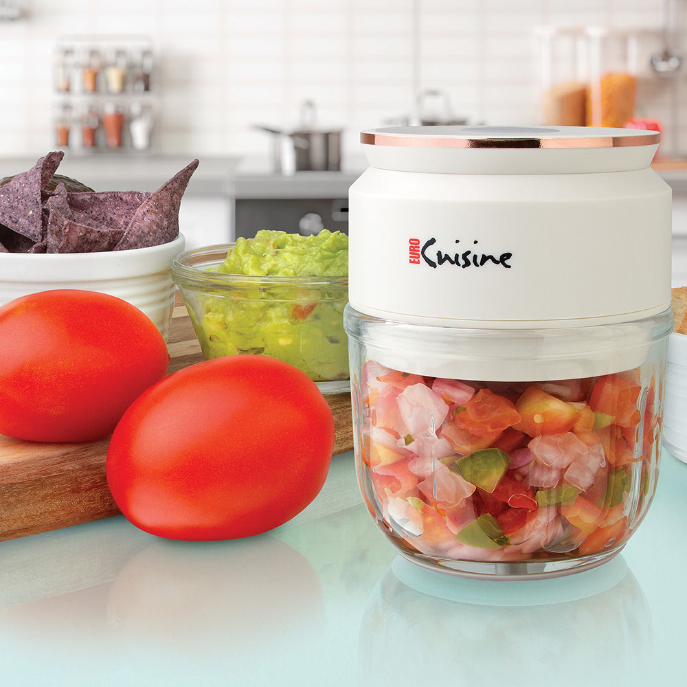 Euro Cuisine Mini Cordless/Rechargeable Chopper with USB Cord & Glass Bowl - White