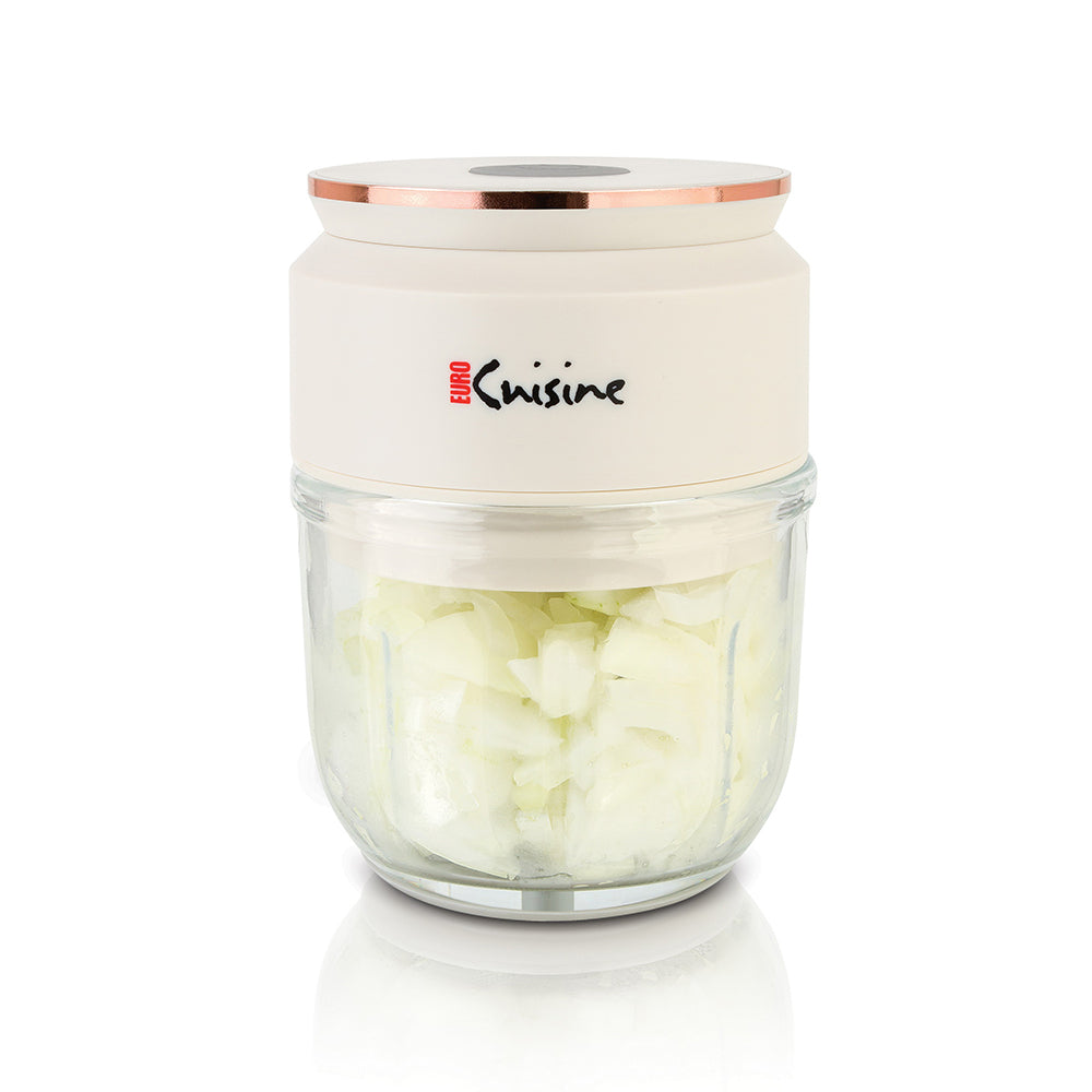 Euro Cuisine Mini Cordless/Rechargeable Chopper with USB Cord & Glass Bowl - White
