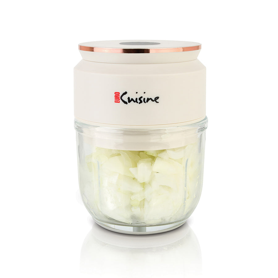 Euro Cuisine Mini Cordless/Rechargeable Chopper with USB Cord & Glass Bowl - White