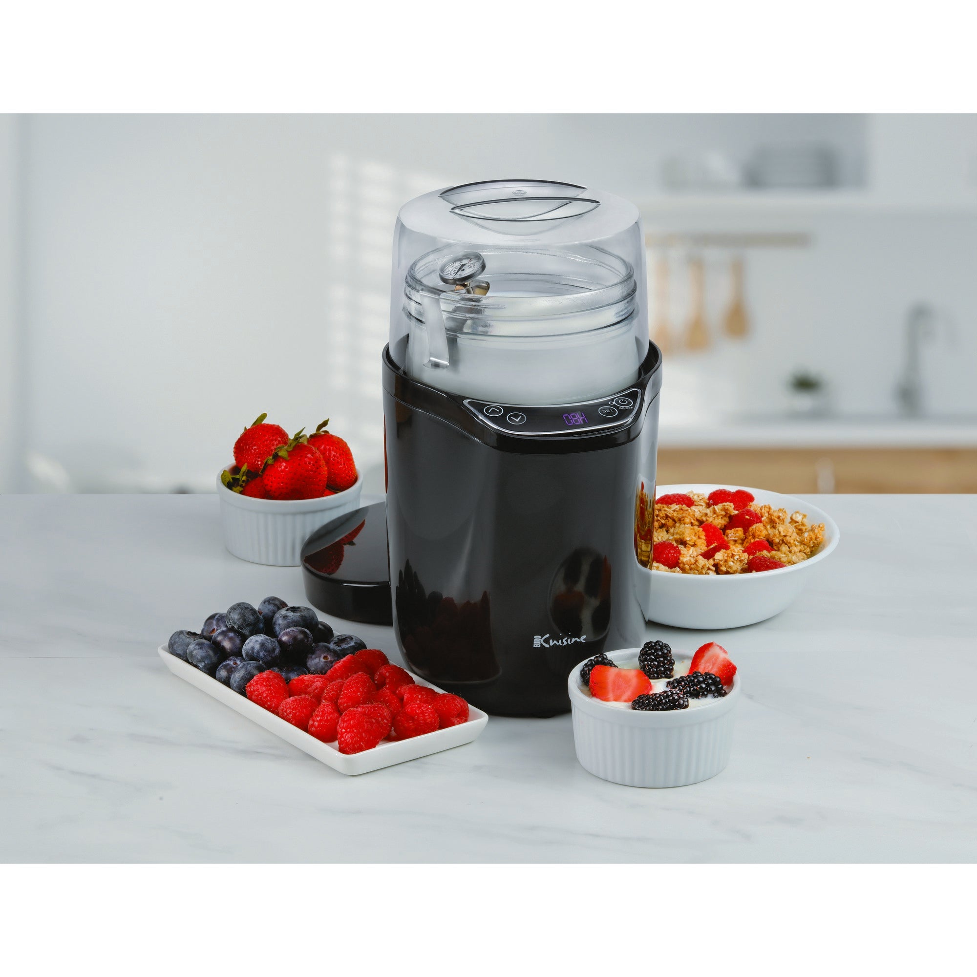 Euro Cuisine YM360 Probiotic Yogurt & Greek Yogurt Maker with Precision Temperature & Time Control, Black – 2qt Glass Jar, Cotton Strainer Bag & Thermometer Included (2025 Edition)