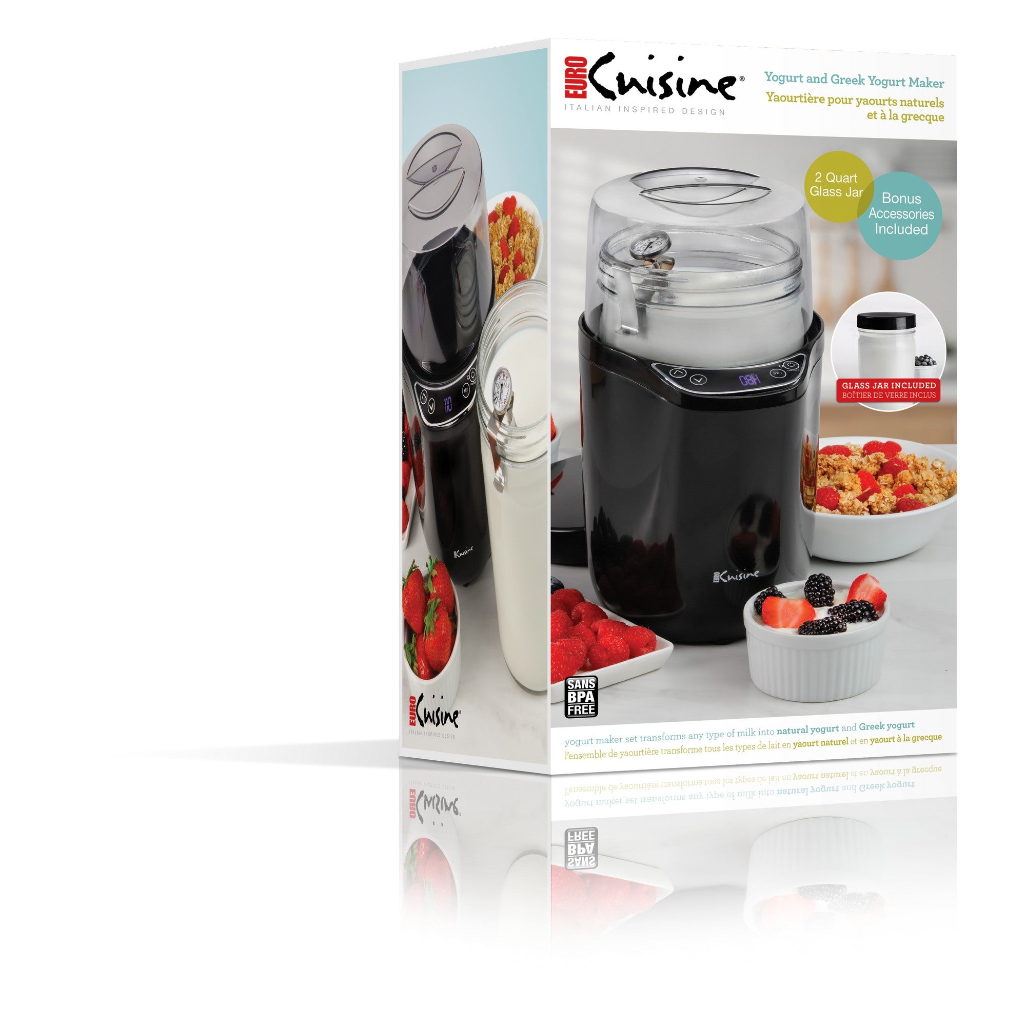 Euro Cuisine YM360 Probiotic Yogurt & Greek Yogurt Maker with Precision Temperature & Time Control, Black – 2qt Glass Jar, Cotton Strainer Bag & Thermometer Included (2025 Edition)